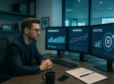 Ein professioneller Digital-Marketing-Experte arbeitet konzentriert an einem modernen Arbeitsplatz mit mehreren Monitoren, Datenvisualisierungen und Marketingmaterialien im Hintergrund.