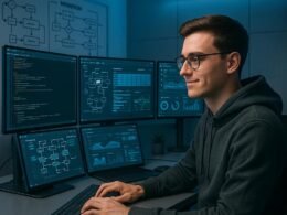 Person arbeitet in einem modernen, technischen Arbeitszimmer mit mehreren Monitoren, Whiteboards und futuristischem Design