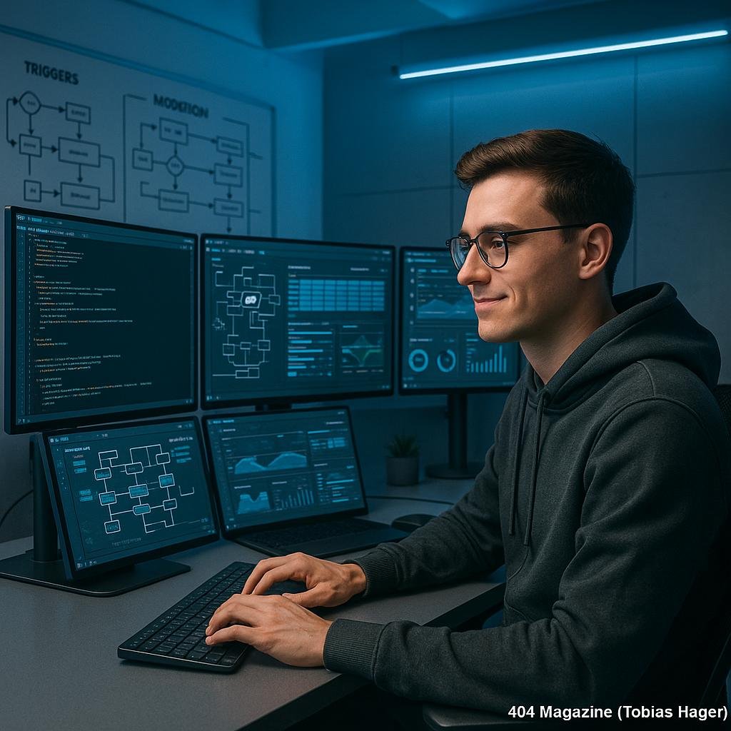 Person arbeitet in einem modernen, technischen Arbeitszimmer mit mehreren Monitoren, Whiteboards und futuristischem Design