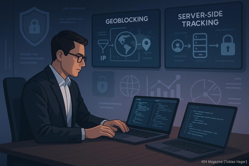 Modernes Büro mit einem professionellen Nutzer, der Datenanalyse- und Codinterfaces zeigt, umgeben von Bildschirmen mit IP-Filterung, Geoblocking und Sicherheitsikonen, Credit: 404 Magazine (Tobias Hager).