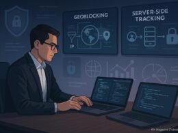 Modernes Büro mit einem professionellen Nutzer, der Datenanalyse- und Codinterfaces zeigt, umgeben von Bildschirmen mit IP-Filterung, Geoblocking und Sicherheitsikonen, Credit: 404 Magazine (Tobias Hager).