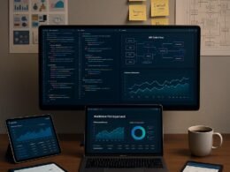 Modernes Arbeitsumfeld mit großem Bildschirm, Code, Datenvisualisierungen, Tablets, Laptop, Pinnwänden und Kaffee, das strategische Planung für Zielgruppenmanagement betont.