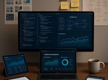 Modernes Arbeitsumfeld mit großem Bildschirm, Code, Datenvisualisierungen, Tablets, Laptop, Pinnwänden und Kaffee, das strategische Planung für Zielgruppenmanagement betont.