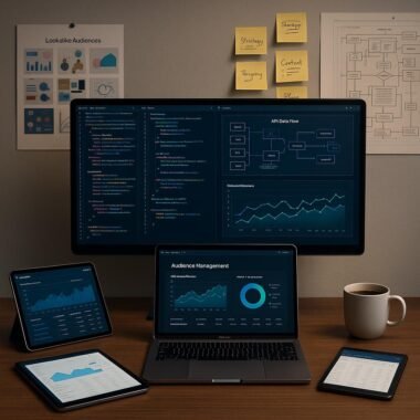 Modernes Arbeitsumfeld mit großem Bildschirm, Code, Datenvisualisierungen, Tablets, Laptop, Pinnwänden und Kaffee, das strategische Planung für Zielgruppenmanagement betont.