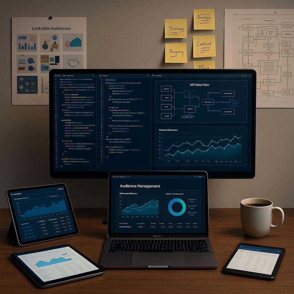 Modernes Arbeitsumfeld mit großem Bildschirm, Code, Datenvisualisierungen, Tablets, Laptop, Pinnwänden und Kaffee, das strategische Planung für Zielgruppenmanagement betont.