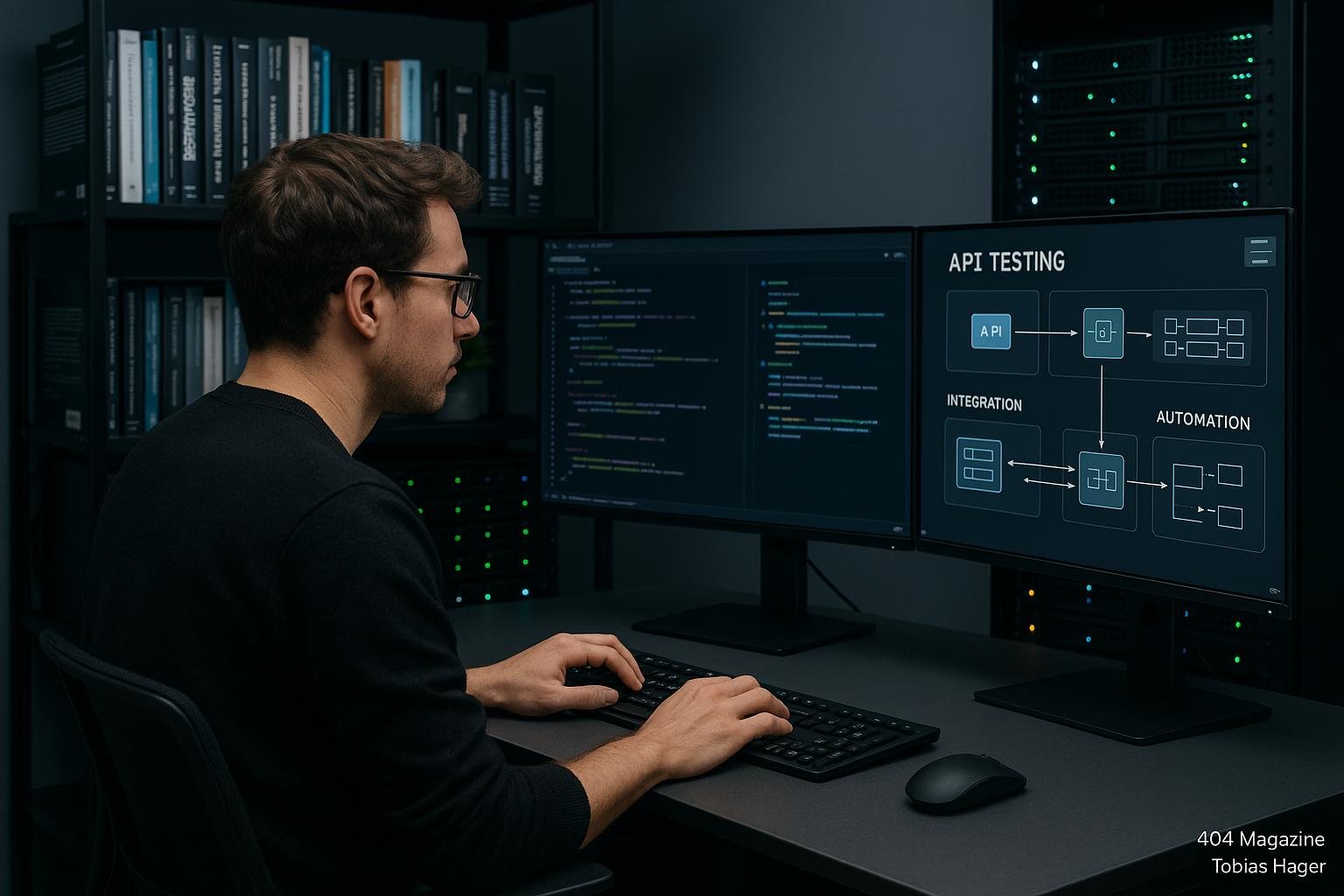 Entwickler arbeitet an modernem Schreibtisch mit zwei Monitoren, umgeben von Tech-Büchern, Servern und LED-Lichtern in einem High-Tech-Umfeld.