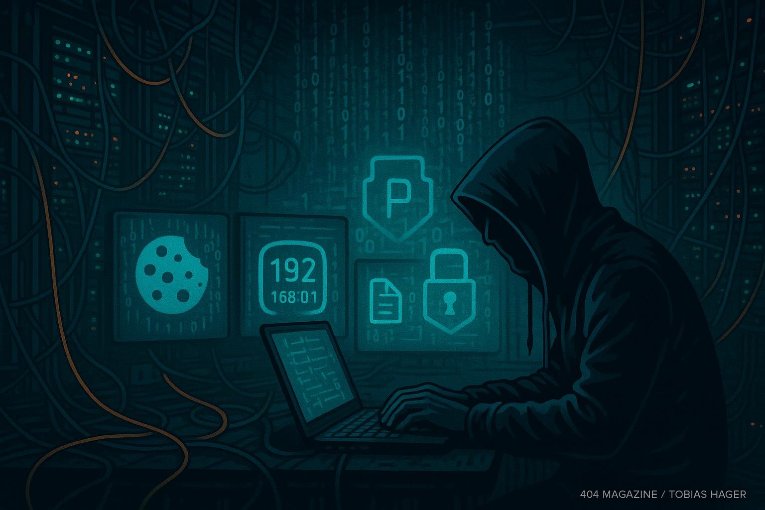 Dunkler technischer Raum mit Servern, Netzwerkkabeln und einer Person in Kapuzenjacke, die an einem Laptop arbeitet, im Hintergrund flackernde Bildschirme mit Sicherheits- und Daten-Codes, digital schwebende Symbole gegen Tracking.