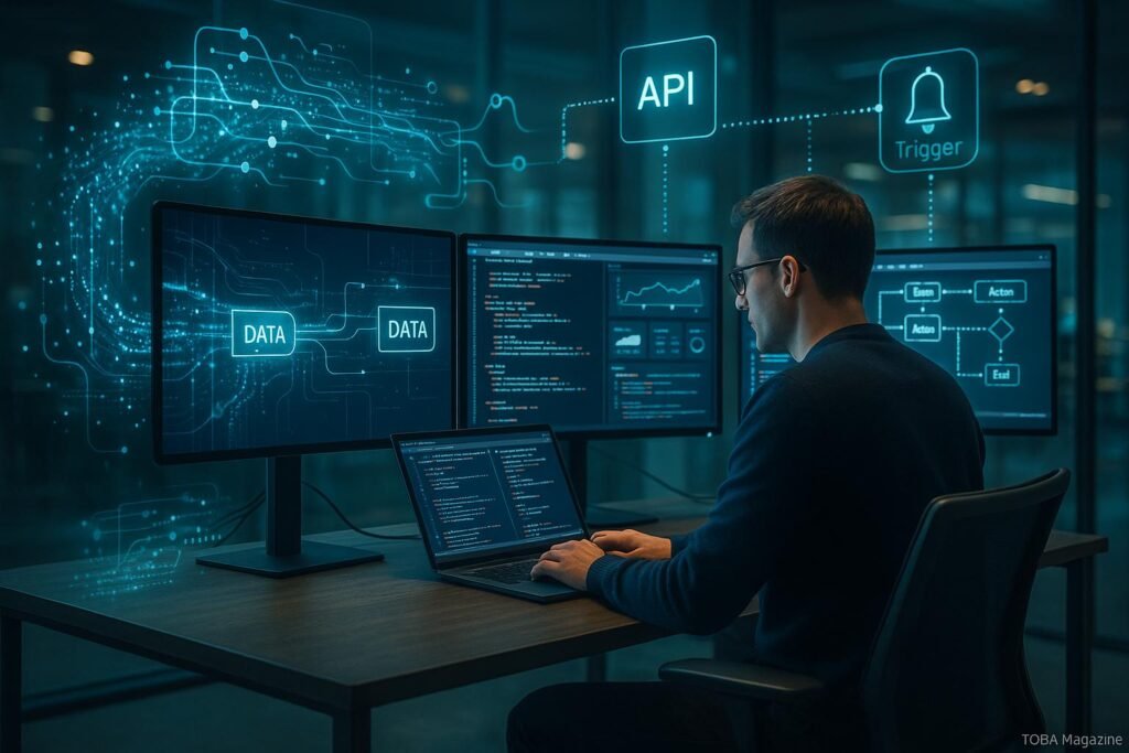 Moderner High-Tech-Arbeitsplatz mit Monitordiagrammen, holographischen Datenströmen und futuristischem Ambiente, fotografiert von Tobias Hager für 404 Magazine