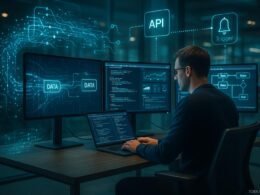 Moderner High-Tech-Arbeitsplatz mit Monitordiagrammen, holographischen Datenströmen und futuristischem Ambiente, fotografiert von Tobias Hager für 404 Magazine