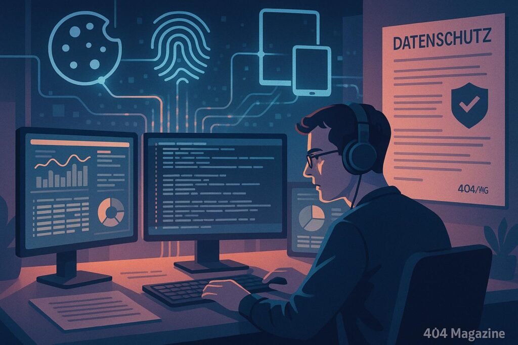 Stilisiertes, modernes Büro mit Entwickler, der vor mehreren Monitoren mit Daten, Graphen und Codes sitzt, im Hintergrund Symbole für Cookies, Fingerprinting und Tracking verbunden durch Datenströme, mit rechtlichen Hinweisen im Raum.