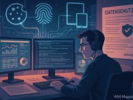 Stilisiertes, modernes Büro mit Entwickler, der vor mehreren Monitoren mit Daten, Graphen und Codes sitzt, im Hintergrund Symbole für Cookies, Fingerprinting und Tracking verbunden durch Datenströme, mit rechtlichen Hinweisen im Raum.