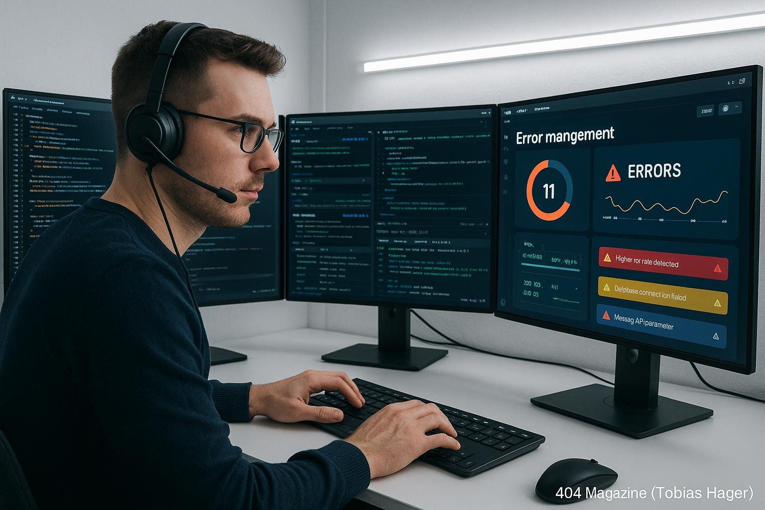 Softwareentwickler mit Headset tippt konzentriert auf einer Tastatur vor mehreren großen Monitoren, die Code, Fehler-Dashboards und API-Responses zeigen