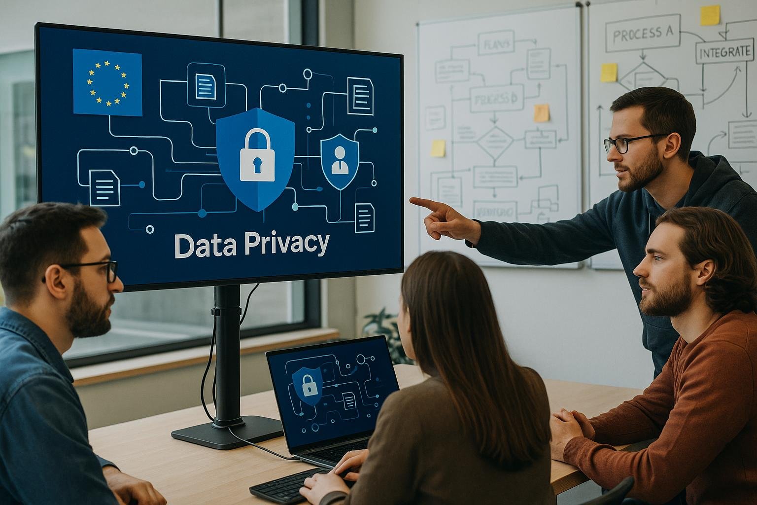 Ein modernes Büro mit Entwicklerteam, das an einem Bildschirm mit Datenschutz-Workflows, EU-Flagge, Schloss- und Datenschutz-Icons arbeitet, im Hintergrund Whiteboards mit Diagrammen. Credit: 404 Magazine (Tobias Hager).