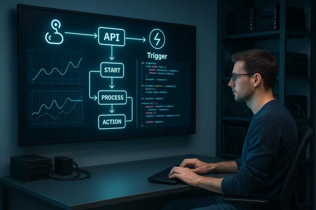 Entwickler in modernem Büro arbeitet an API-Workflows auf einem großen Smart-Display, mit Visualisierungen von Webhooks, API-Calls und Triggern, im Hintergrund Server und Technik.