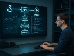 Entwickler in modernem Büro arbeitet an API-Workflows auf einem großen Smart-Display, mit Visualisierungen von Webhooks, API-Calls und Triggern, im Hintergrund Server und Technik.