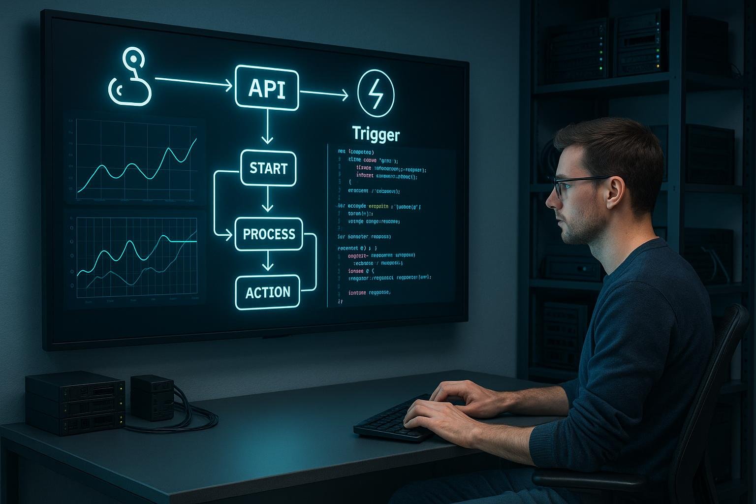 Entwickler in modernem Büro arbeitet an API-Workflows auf einem großen Smart-Display, mit Visualisierungen von Webhooks, API-Calls und Triggern, im Hintergrund Server und Technik.
