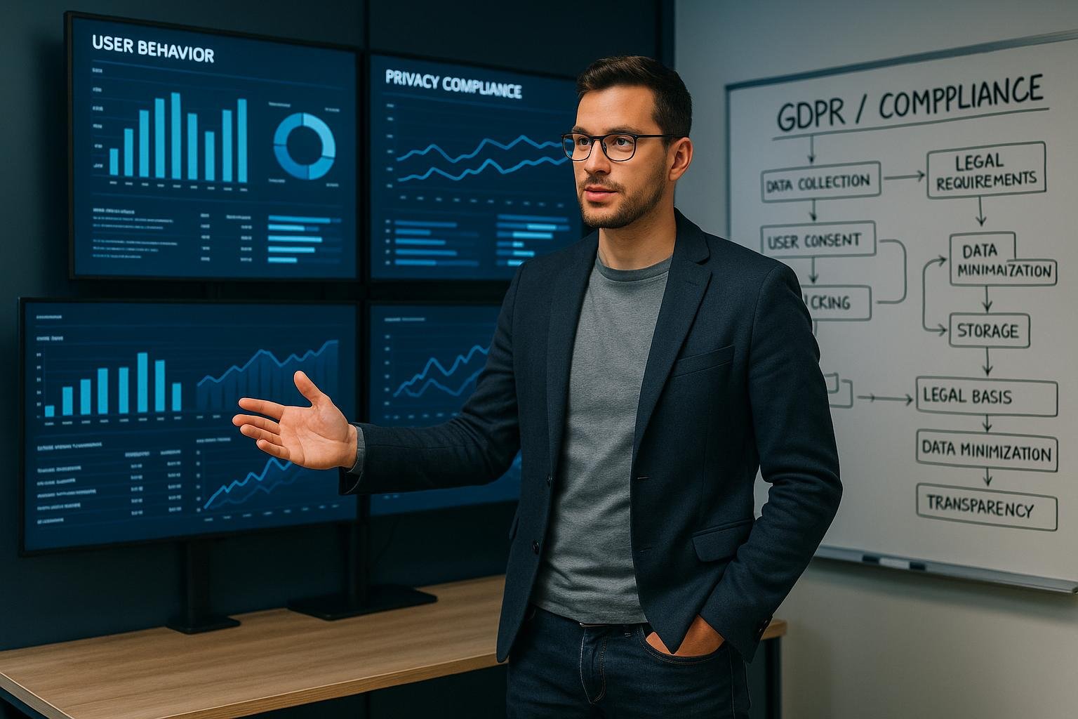 Ein Profi in einem modernen Büro vor großen digitalen Bildschirmen mit Datenvisualisierungen zu Nutzerverhalten und Datenschutz, gestikulierend bei strategischer Planung, im Hintergrund Whiteboards mit DSGVO-konformen Strategien. Credit: 404 Magazine (Tobias Hager).