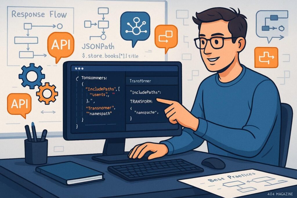 Moderne Arbeitsumgebung mit großer Computerbildschirm, JSON-Code, API-Icons und Entwickler in entspannter Pose, die auf Bildschirm zeigt