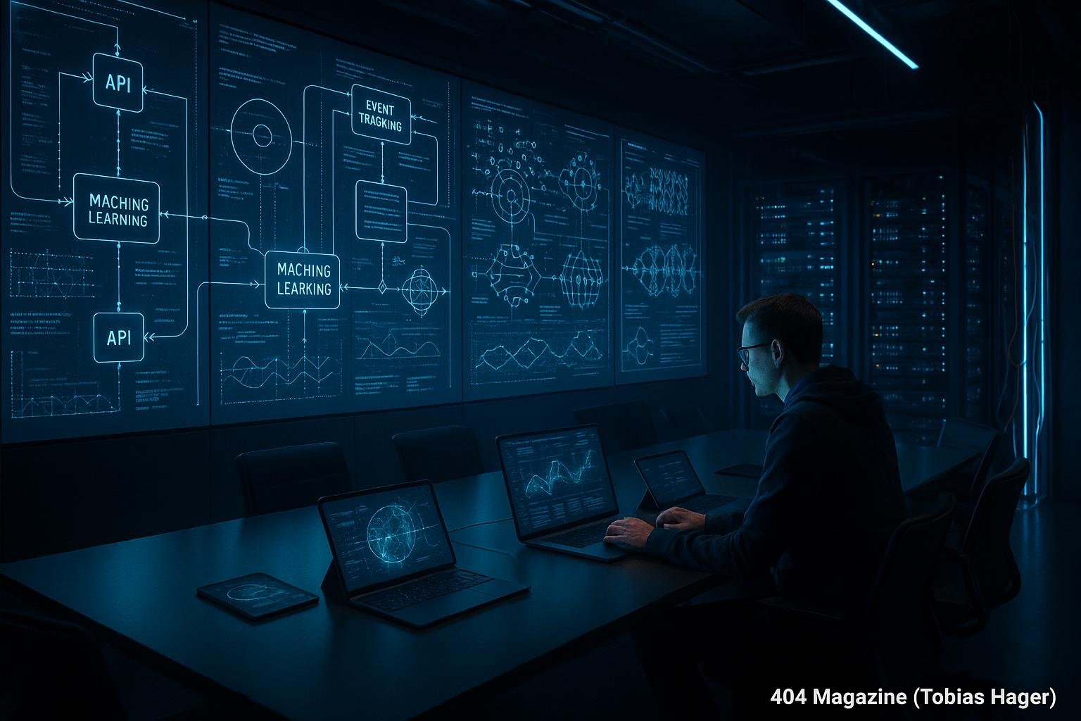Futuristisches Kontrollzentrum mit großen Bildschirmen, Datenvisualisierungen und Serverinfrastruktur im High-Tech-Labor-Stil, aufgenommen im modernen Data-Labor.