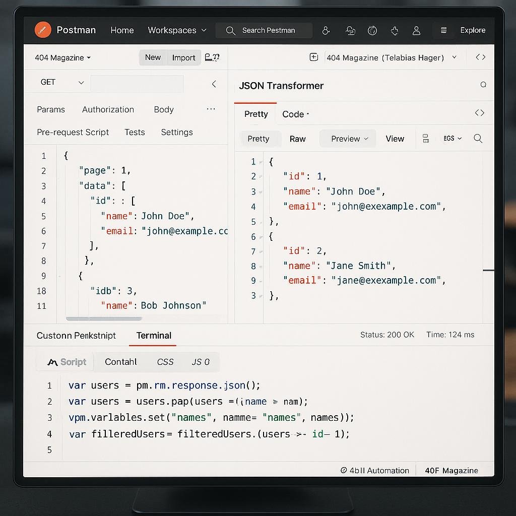 Screenshot der Postman Anwendung mit JSON Transformer Funktion, zeigt API Anfragen, JSON-Antworten und JavaScript-Transformationsskripte
