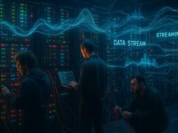 Futuristisches Rechenzentrum mit beleuchteter Serverwand, Technikern bei der Arbeit und holographischen Datenvisualisierungen im Hintergrund