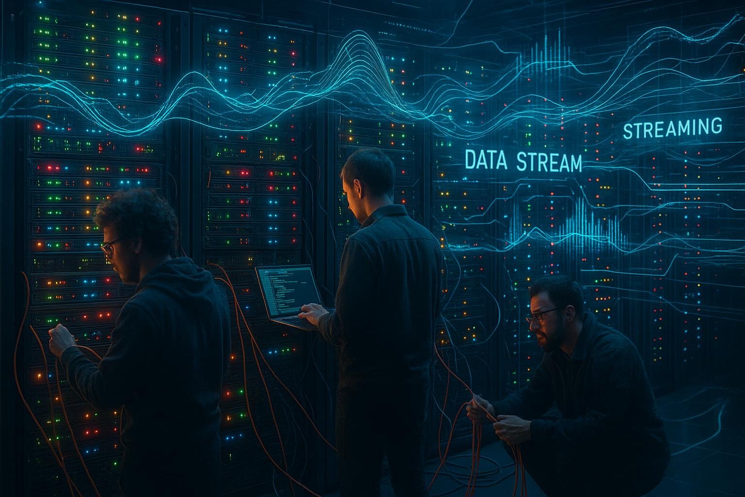 Futuristisches Rechenzentrum mit beleuchteter Serverwand, Technikern bei der Arbeit und holographischen Datenvisualisierungen im Hintergrund