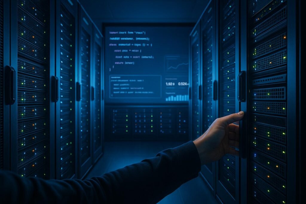 Moderner Serverraum mit blinkenden Lichtern, Entwickler, der eine Serverreihe anpasst, und digitaler Bildschirm mit Code und Analysen, symbolisierend die komplexe Infrastruktur für Isomorphes Rendering.