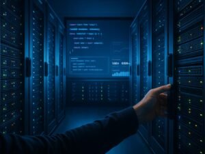 Moderner Serverraum mit blinkenden Lichtern, Entwickler, der eine Serverreihe anpasst, und digitaler Bildschirm mit Code und Analysen, symbolisierend die komplexe Infrastruktur für Isomorphes Rendering.