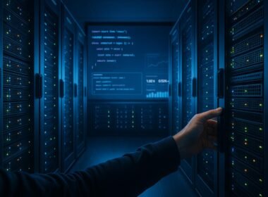 Moderner Serverraum mit blinkenden Lichtern, Entwickler, der eine Serverreihe anpasst, und digitaler Bildschirm mit Code und Analysen, symbolisierend die komplexe Infrastruktur für Isomorphes Rendering.