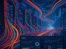 Ein modernes Hochgeschwindigkeits-Datenzentrum mit bunten Kabelsträngen, leuchtenden Datenströmen und Monitoring-Tools auf großen Bildschirmen, im Hintergrund reflektierende Serverhäuser.