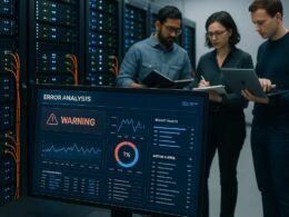 Modernes Serverraum-Setting mit Server-Racks, Computerbildschirm mit Monitoring-Tools und Entwicklern bei der Arbeit, Credit: 404 Magazine (Tobias Hager).