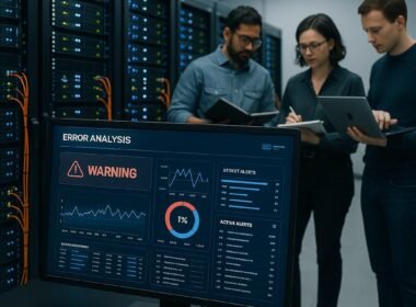Modernes Serverraum-Setting mit Server-Racks, Computerbildschirm mit Monitoring-Tools und Entwicklern bei der Arbeit, Credit: 404 Magazine (Tobias Hager).