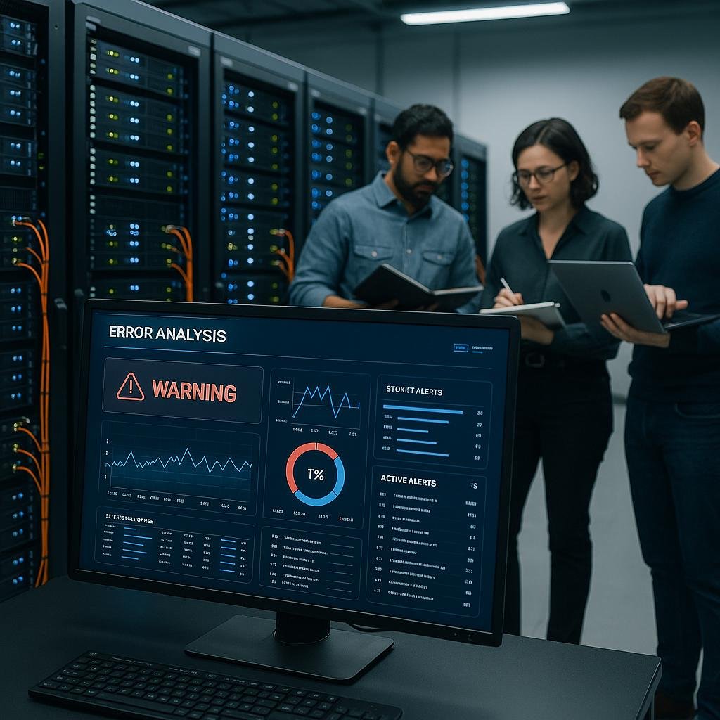 Modernes Serverraum-Setting mit Server-Racks, Computerbildschirm mit Monitoring-Tools und Entwicklern bei der Arbeit, Credit: 404 Magazine (Tobias Hager).