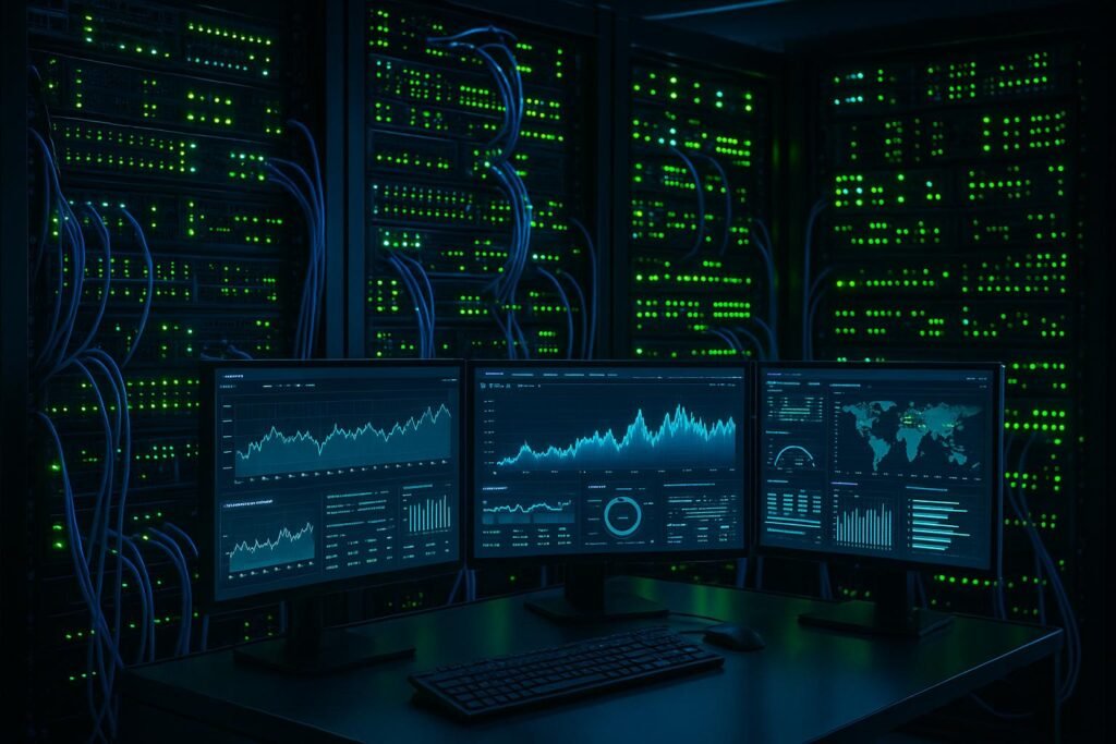 Futuristischer Serverraum mit leuchtenden Server- und Netzwerkgeräten, Echtzeit-Diagrammen auf Bildschirmen und neonblauen Lichtern, symbolisiert effiziente Datenübertragung im digitalen Zeitalter.