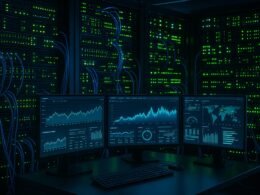 Futuristischer Serverraum mit leuchtenden Server- und Netzwerkgeräten, Echtzeit-Diagrammen auf Bildschirmen und neonblauen Lichtern, symbolisiert effiziente Datenübertragung im digitalen Zeitalter.