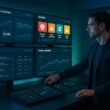 Moderner Kontrollraum mit hochentwickelter Benutzeroberfläche, großen Bildschirmen und einem Analysten, der SEO-Warnungen verwaltet