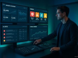 Moderner Kontrollraum mit hochentwickelter Benutzeroberfläche, großen Bildschirmen und einem Analysten, der SEO-Warnungen verwaltet