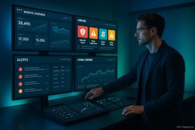 Moderner Kontrollraum mit hochentwickelter Benutzeroberfläche, großen Bildschirmen und einem Analysten, der SEO-Warnungen verwaltet