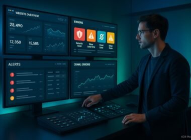 Moderner Kontrollraum mit hochentwickelter Benutzeroberfläche, großen Bildschirmen und einem Analysten, der SEO-Warnungen verwaltet