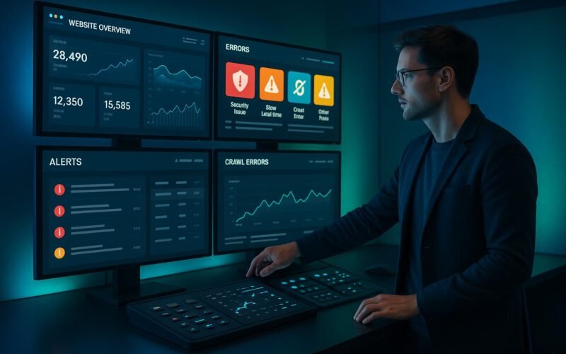 Moderner Kontrollraum mit hochentwickelter Benutzeroberfläche, großen Bildschirmen und einem Analysten, der SEO-Warnungen verwaltet