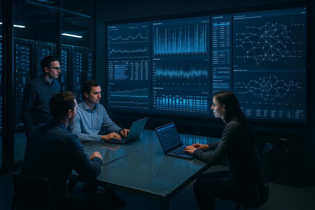Data Center Steuerraum mit großen digitalen Bildschirmen, Ingenieuren in Business-Outfit und Sicht auf Server und Netzwerktechnik, betont High-Tech-Atmosphäre.