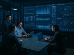 Data Center Steuerraum mit großen digitalen Bildschirmen, Ingenieuren in Business-Outfit und Sicht auf Server und Netzwerktechnik, betont High-Tech-Atmosphäre.