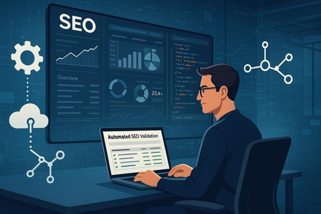 Modernes Arbeitsumfeld mit digitalen Bildschirmen, automatisierten SEO-Tools und High-Tech-Interface, Illustration von Automatisierungsprozessen