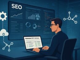 Modernes Arbeitsumfeld mit digitalen Bildschirmen, automatisierten SEO-Tools und High-Tech-Interface, Illustration von Automatisierungsprozessen