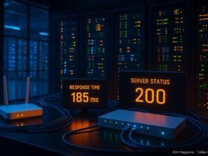 Moderner Serverraum mit kabellosen Netzwerkgeräten, blinkenden Serverracks, Monitoring-Displays und sichtbaren Datenzentrumslichtern im Hintergrund, vermittelt technische Präzision und Geschwindigkeit.
