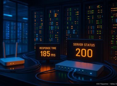 Moderner Serverraum mit kabellosen Netzwerkgeräten, blinkenden Serverracks, Monitoring-Displays und sichtbaren Datenzentrumslichtern im Hintergrund, vermittelt technische Präzision und Geschwindigkeit.