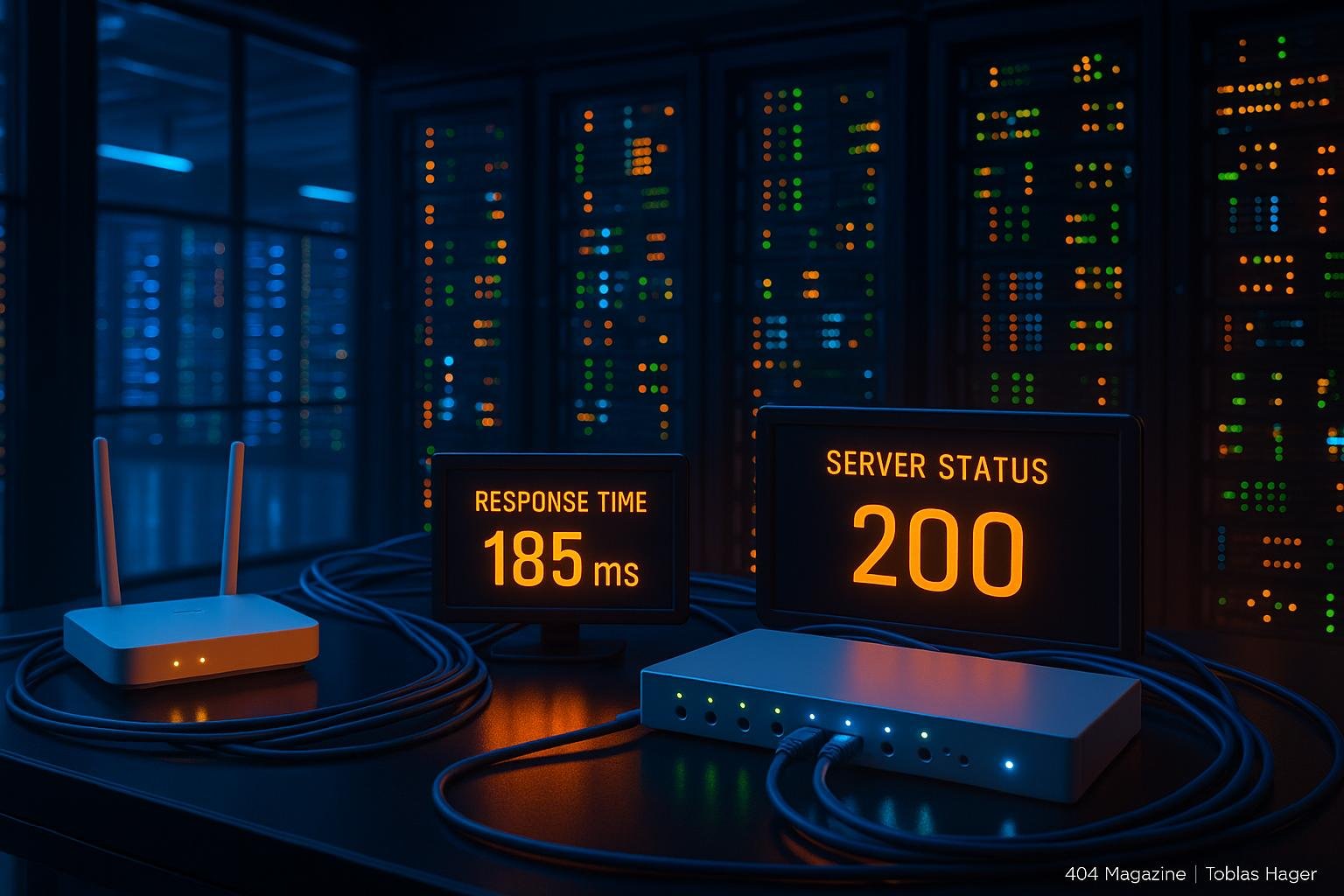 Moderner Serverraum mit kabellosen Netzwerkgeräten, blinkenden Serverracks, Monitoring-Displays und sichtbaren Datenzentrumslichtern im Hintergrund, vermittelt technische Präzision und Geschwindigkeit.