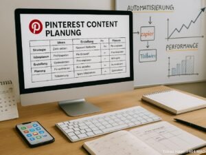 Modernes Büro mit Computerbildschirm, Notizbüchern, Kalendern, Whiteboards und digitalen Tools zur Pinterest-Content-Planung