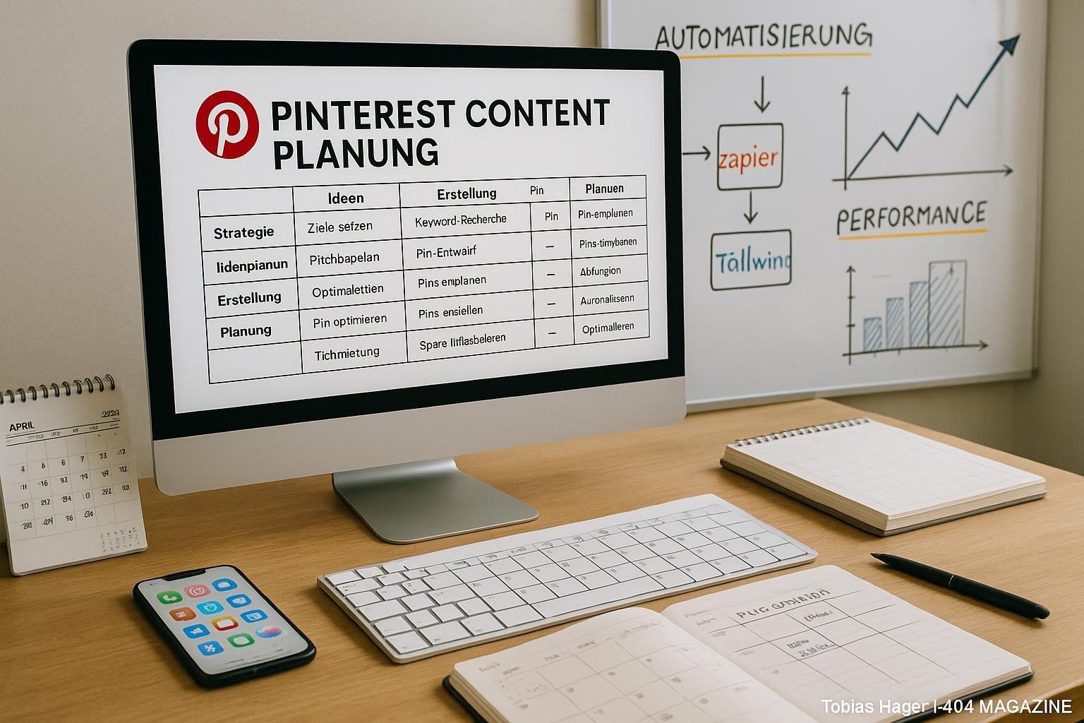 Modernes Büro mit Computerbildschirm, Notizbüchern, Kalendern, Whiteboards und digitalen Tools zur Pinterest-Content-Planung