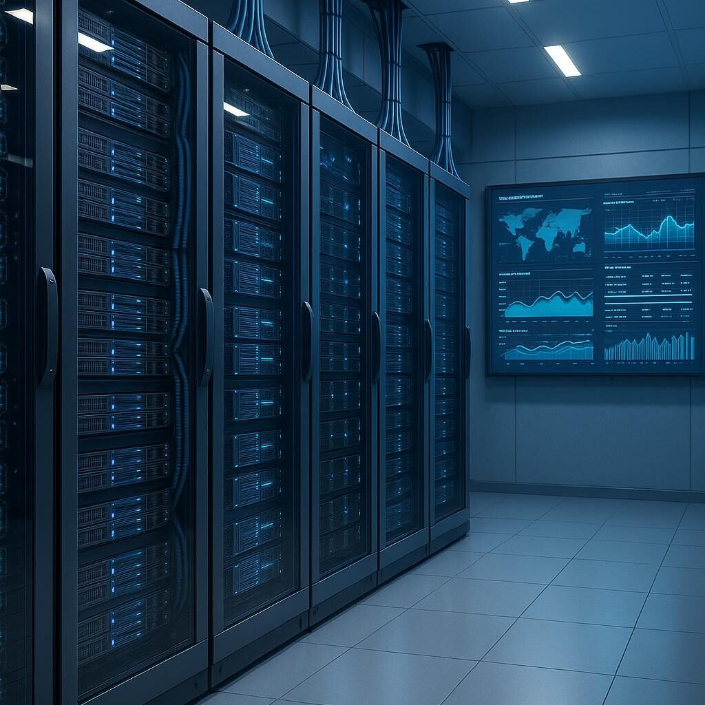 Hochmodernes Rechenzentrum mit großen Server-Racks, Kabelsäulen und einem Monitor mit Netzwerkdiagrammen, Credit: 404 Magazine (Tobias Hager)